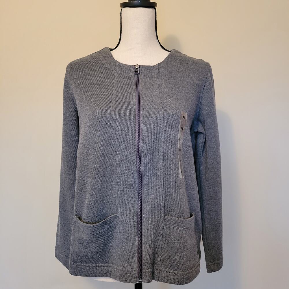 NWT Rebecca Malone Size PS Gray Long Sleeve Zip Cardigan Knit Sweater Pockets